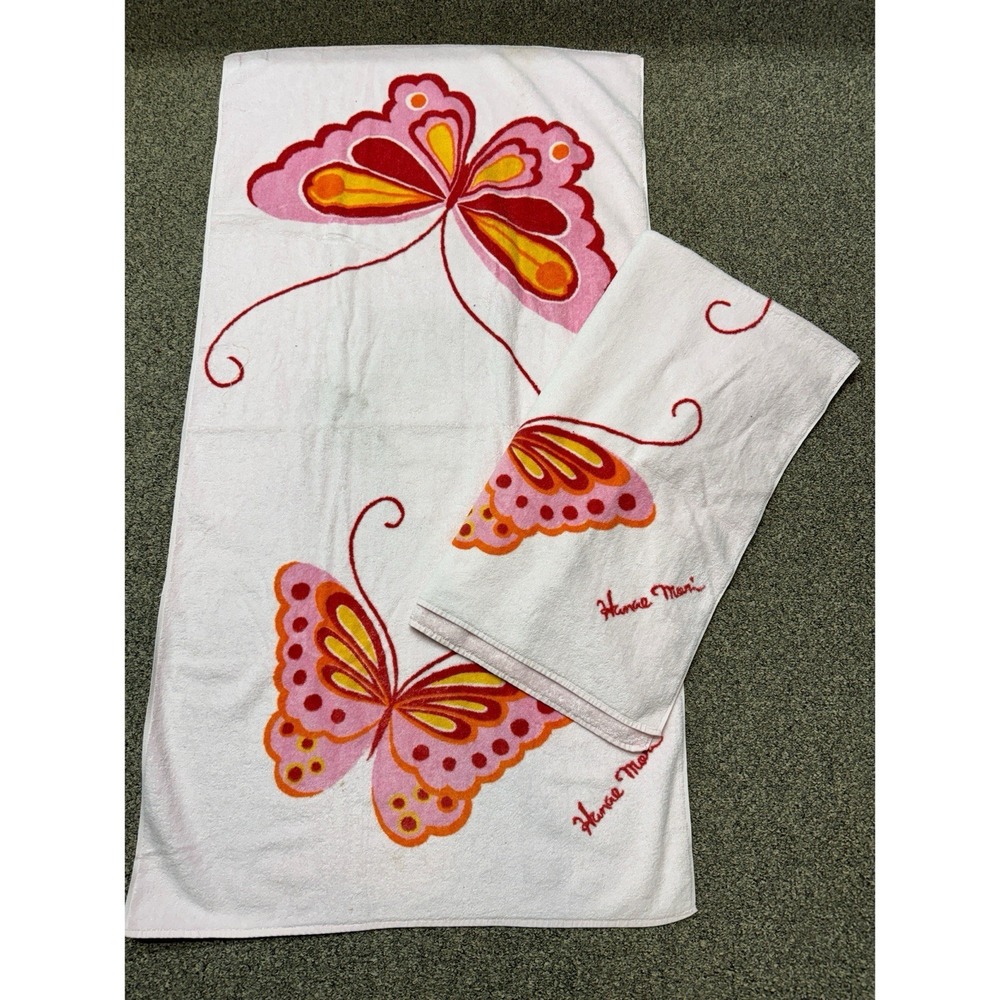 2 Vintage 1970s Hanae Mori Butterfly Towel Martex USA Pink Bathroom